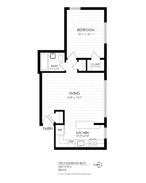 A black and white drawing of a floor plan for a one bedroom apartment.